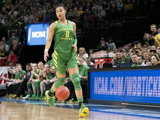 PORTLAND, OR - MARCH 31: Oregon Ducks forward Satou Sabally (0) dribbles the ball down court during the NCAA College League USA Division I Women s Championship Elite Eight round basketball game between the Oregon Ducks and Mississippi State Bulldogs on March 31, 2019 at Moda Center in Portland, Oregon. (Photo by Joseph Weiser Icon Sportswire) NCAA BASKETBALL: MAR 31 Div I Women s Championship - Quarterfinals - Oregon v Mississippi State Icon190331144