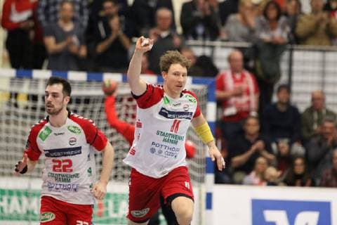 Jakob Schwabe ASV Hamm Westfalen 11 cheers after scoring ASV Hamm Westfalen vs. EHV Aue Handball 2 Bundesliga 05 04 2019 ASV Hamm Westfalen vs. EHV Aue Handball 2 Bundesliga 05 04 2019 Hamm Copyright: xEIBNER JanxStrohdiekx EP_JSK