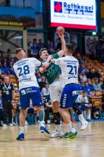 Daniel Zele 28 Dessau Rosslauer HV 06 Lukas Böhm 10 DJK Rimpar Wölfe Philip Jungemann 21 Dessau Rosslauer HV 06 during the match in Handball 2 Bundesliga Men Season 2018 2019 between Dessau Rosslauer HV 06 and DJK Rimpar Wölfe in the Anhalt Arena on 5 April 2019 in Dessau Rosslau Sachsen Anhalt Germany