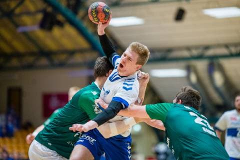 Slavomir Mlotek 10 Dessau Rosslauer HV 06 on ball during handball match 2 Bundesliga men season 2018 2019 between Dessau Rosslauer HV 06 and DJK Rimpar Wölfe in the Anhalt Arena on 5 April 2019 in Dessau Rosslau Sachsen Anhalt Germany