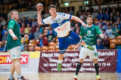 Philip Jungemann 21 Dessau Rosslauer HV 06 during the match in the Handball 2 Bundesliga Men Season 2018 2019 between Dessau Rosslauer HV 06 and DJK Rimpar Wölfe in the Anhalt Arena on 5 April 2019 in Dessau Rosslau Saxony Anhalt Germany