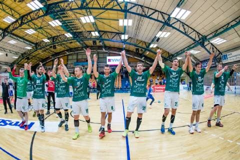 Joy at DJK Rimpar Wölfe after 21 26 victory during the match in the Handball 2 Bundesliga Mens Season 2018 2019 between Dessau Rosslauer HV 06 and DJK Rimpar Wölfe in the Anhalt Arena on 5 April 2019 in Dessau Rosslau Sachsen Anhalt Germany