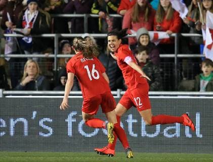 5th April 2019, Academy Stadium, Manchester, England; Womens International football friendly, England versus Canada; Christine Sinclair of Canada celebrates after scoring to give her side a 0-1 lead after 83 minutes  ActionPlus12121034 DavidxBlunsden