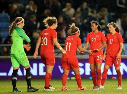 5th April 2019, Academy Stadium, Manchester, England; Womens International football friendly, England versus Canada; Desiree Scott and Jayde Riviere celebrate their team s 0-1 win after the final whistle  ActionPlus12121051 DavidxBlunsden