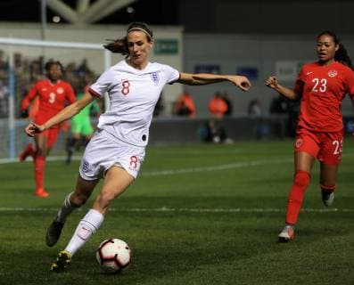 5th April 2019, Academy Stadium, Manchester, England; Womens International football friendly, England versus Canada; Jill Scott of England controls the ball near the touchline  ActionPlus12121053 DavidxBlunsden