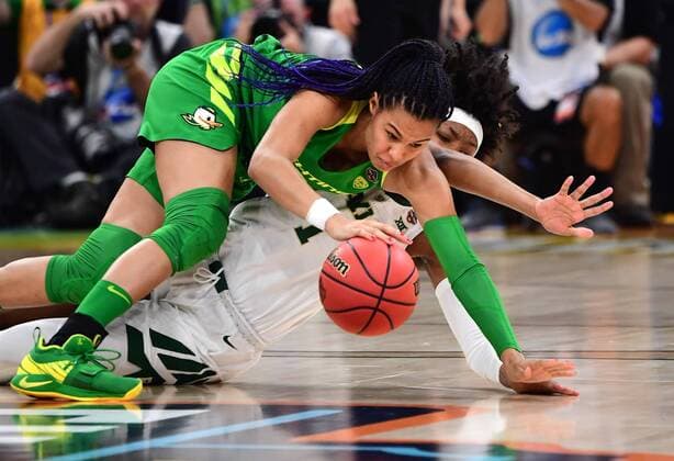 Oregon Ducks forward Satou Sabally (0) and Baylor Lady Bears forward NaLyssa Smith (1) fight for the ball during the first half of the semifinal game of the 2019 NCAA College League USA Women s Basketball Tournament at the Amalie Arena in Tampa, Florida on April 5, 2019.  TBP20190405302 KEVINxDIETSCH