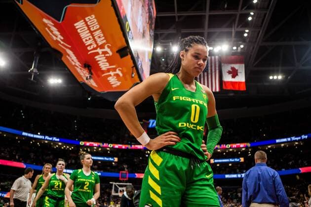 TAMPA, FL - APRIL 05: Oregon forward Satou Sabally (0) walks off the court after losing the 2019 NCAA College League USA Women s Division I Championship Final Four game between the Oregon Ducks and the Baylor Bears on April 05, 2019 at Amelie Arena in Tampa, FL. (Photo by Mary Holt Icon Sportswire) NCAA BASKETBALL: APR 05 Div I Women s Championship - Final Four - Oregon v Baylor Icon19032647