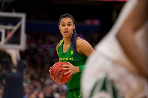 TAMPA, FL - APRIL 05: Oregon forward Satou Sabally (0) inbounds a ball in 2019 NCAA College League USA Women s Division I Championship Final Four game between the Oregon Ducks and the Baylor Bears on April 05, 2019 at Amelie Arena in Tampa, FL. (Photo by Mary Holt Icon Sportswire) NCAA BASKETBALL: APR 05 Div I Women s Championship - Final Four - Oregon v Baylor Icon19032633