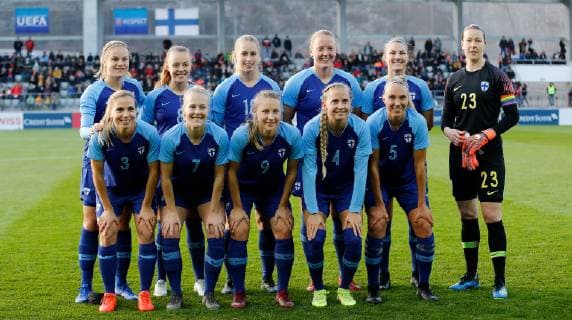 05 04 2019 Tissot Arena Biel SWITZERLAND 2018 2019 Womens football national team international Switzerland Finland Team photo above vl Julia Tunturi Olga Ahtinen Linda Sällström Anna Westerlund Natalia Kuikka and goalkeeper Tinja Riikka Korpela Below vl Tuija Hyyrynen Adelina Engman Juliette Kemppi Ria Öling and Emma Koivisto Finland