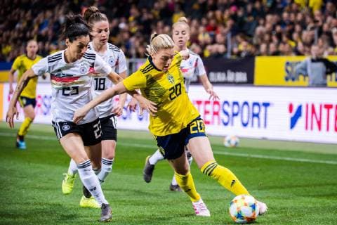 190406 Sara Doorsoun of Germany and Mimmi Larsson of Sweden during the women s international friendly football match between Sweden and Germany on April 6 2019 in Stockholm,  Copyright: JONATHANxNÄCKSTRAND BB190406JN011