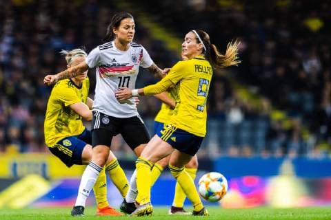 190406 Dzsenifer Marozsan of Germany and Kosovare Asllani of Sweden during the women s international friendly football match between Sweden and Germany on April 6 2019 in Stockholm Photo Joel Marklund BILDBYRAN kod JM 87921,  Copyright: JOELxMARKLUND BB190406JM018