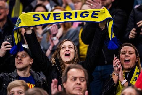 190406 Supporters of Sweden during the women s international friendly football match between Sweden and Germany on April 6 2019 in Stockholm,  Copyright: JONATHANxNÄCKSTRAND BB190406JN014