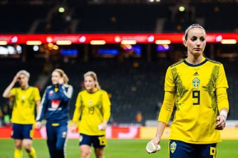 190406 Kosovare Asllani of Sweden looks dejected after the women s international friendly football match between Sweden and Germany on April 6 2019 in Stockholm Photo Joel Marklund BILDBYRAN kod JM 87921,  Copyright: JOELxMARKLUND BB190406JM053