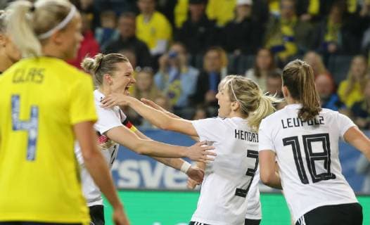 Stockholm football international women Sweden vs Germany cheering after goal to 0 1 from left Alexandra Popp Kathrin Hendrich GER