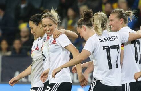 Stockholm football international women Sweden vs Germany cheering Germany left Kathrin Hendrich scorer for 0 1 goal