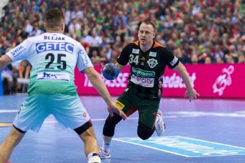 Hamburg Germany 06 April 2019 REWE Final 4 DHB Cup Semifinal TSV Hannover Burgdorf vs SC Magdeburg v li Marko Bezjak Magdeburg Morten Olsen Hannover Hamburg Barclaycard Arena Hamburg Germany