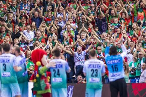 Hamburg Germany 06 April 2019 REWE Final 4 DHB Cup semi-final TSV Hannover Burgdorf vs SC Magdeburg fan curve fans fan block Magdeburg celebrates the team Hamburg Barclaycard Arena Hamburg Germany