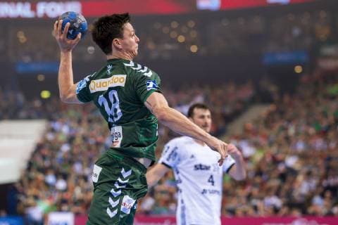 Hamburg Germany 06 April 2019 REWE Final 4 DHB Cup Semifinal THW Kiel vs Fuechse Berlin Hans Lindberg Berlin Hamburg Barclaycard Arena Hamburg Germany