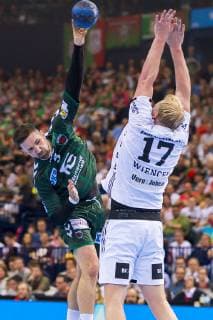 Hamburg Germany 06 April 2019 REWE Final 4 DHB Cup Semifinal THW Kiel vs Fuechse Berlin v li Fabian Wiede Berlin Patrick Wiencek THW Kiel Hamburg Barclaycard Arena Hamburg Germany