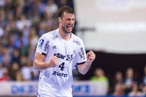 Hamburg Germany 06 April 2019 REWE Final 4 DHB Cup Semifinals THW Kiel vs Fuechse Berlin Domagoj Duvnjak THW Kiel Jubel Joy Emotion Goal Jubilee Scorers Scorers Hamburg Barclaycard Arena Hamburg Germany