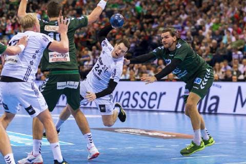 Hamburg Germany 06 April 2019 REWE Final 4 DHB Cup Semifinal THW Kiel vs Fuechse Berlin v li Patrick Wiencek THW Kiel Jakov Gojun Berlin Miha Zarabec THW Kiel Erik Schmidt Berlin Hamburg Barclaycard Arena Hamburg Germany