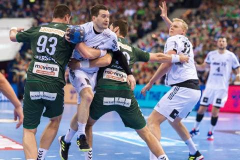 Hamburg Germany 06 April 2019 REWE Final 4 DHB Cup Semifinal THW Kiel vs Fuechse Berlin v li Mijajlo Marsenic Berlin Miha Zarabec THW Kiel Jakov Gojun Berlin Patrick Wiencek THW Kiel Hamburg Barclaycard Arena Hamburg Germany