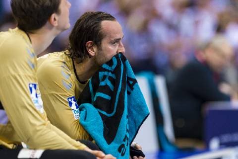 Hamburg Germany 06 April 2019 REWE Final 4 DHB Cup Semifinals THW Kiel vs Fuechse Berlin Goalkeeper Silvio Heinevetter Berlin dissatisfied disappointed disappointed down frustrated Hamburg Barclaycard Arena Hamburg Germany
