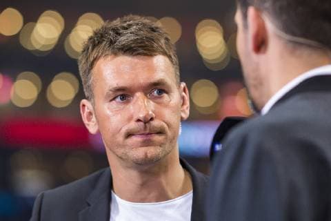 Hamburg Germany 06 April 2019 REWE Final 4 DHB Cup semi-final THW Kiel vs Fuechse Berlin national coach Christian Prokop in Sky Interview Hamburg Barclaycard Arena Hamburg Germany