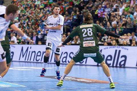 Hamburg Germany 06 April 2019 REWE Final 4 DHB Cup Semifinal THW Kiel vs Fuechse Berlin Domagoj Duvnjak THW Kiel Erik Schmidt Berlin Hamburg Barclaycard Arena Hamburg Germany