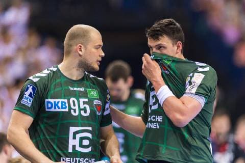 Hamburg Germany 06 April 2019 REWE Final 4 DHB Cup Semifinal THW Kiel vs Fuechse Berlin v li Paul Drux Berlin Frederik Simak Berlin Hamburg Barclaycard Arena Hamburg Germany