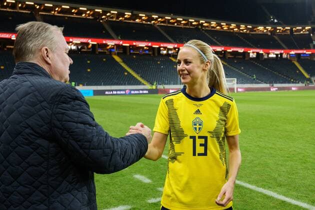 190406 Karl Erik Nilsson president of the Swedish National Football Federation and Amanda Ilestedt of Sweden after the women s international friendly football match between Sweden and Germany on April 6 2019 in Stockholm Photo Joel Marklund BILDBYRAN kod JM 87921,  Copyright: JOELxMARKLUND BB190406JM202
