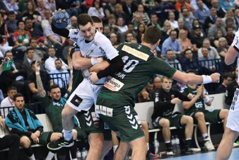 HBL DHB Cup Semifinal THW Kiel vs Fuechse Berlin 06 04 19 Hamburg HBL DHB Cup Final Four 2019 Semifinal THW Kiel vs Fuechse Berlin in picture Jakov Gojun Berlin 10 tries to prevail against Miha Zarabec Kiel 24 nordphoto xWitke nph00002