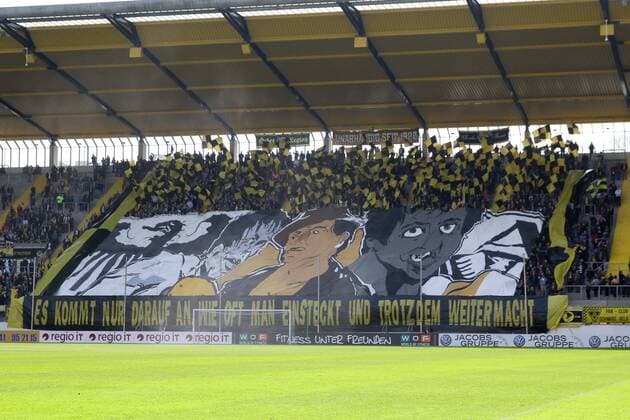Football Regionalliga West Alemannia Aachen Rot Weiss Essen on 06 04 2019 in the stadium Tivoli in Aachen Choreo of the fans of Alemannia Aachen
