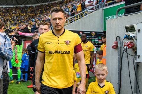 Dresdens Sören Gonther at the break-in SG Dynamo Dresden 1 FC Union Berlin Football 2 League Season 2018 2019 28 Matchday Rudolf Harbig Stadion Dresden 07 April 2019
