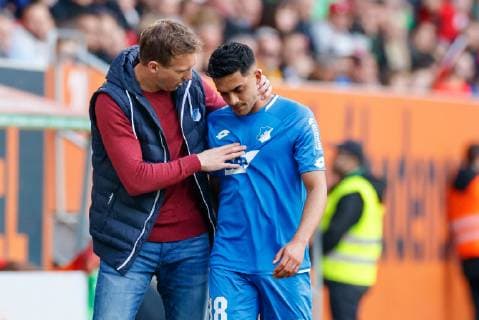 Augsburg Germany 07 04 2019 1 Bundesliga 28 Matchday FC Augsburg TSG 1899 Hoffenheim Coach Julian Nagelsmann TSG talks to Nadiem Amiri TSG after his replacement DeFodi048
