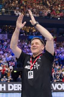 Hamburg Germany 07 April 2019 REWE Final 4 DHB Cup Final SC Magdeburg vs. THW Kiel Coach Alfred Gislason THW Kiel Jubel Freude Emotion Hamburg Barclaycard Arena Hamburg Germany