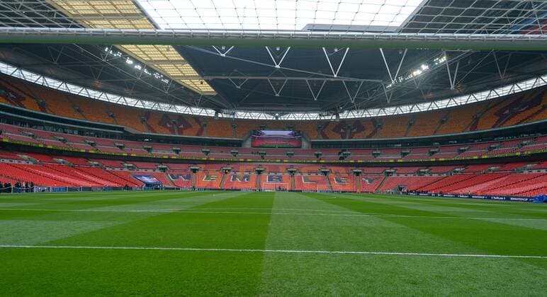 Wolverhampton Wanderers team logo pattern in the empty seats before the start of the FA Cup Semi Final match, at Wembley Stadium, London. Picture date: 7th April 2019. Picture credit should read: Robin Parker Sportimage EDITORIAL USE ONLY. No use with unauthorised audio, video, data, fixture lists, club league logos or live services. Online in-match use limited to 120 images, no video emulation. No use in betting, games or single club league player publications. SPI-0017-0070