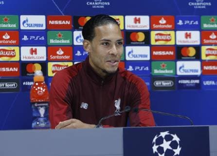 8th April 2019, Anfield, Liverpool, England; Liverpool press conference PK Pressekonferenz ahead of their Champions League fixture against FC Porto; Virgil van Dijk of Liverpool speaks to the media at Anfield ahead of tomorrow night s Champions League quarter final first leg versus FC Porto  ActionPlus12122174 AlanxMartin
