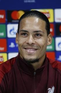 8th April 2019, Anfield, Liverpool, England; Liverpool press conference PK Pressekonferenz ahead of their Champions League fixture against FC Porto; Virgil van Dijk of Liverpool speaks to the media at Anfield ahead of tomorrow night s Champions League quarter final first leg versus FC Porto  ActionPlus12122179 AlanxMartin