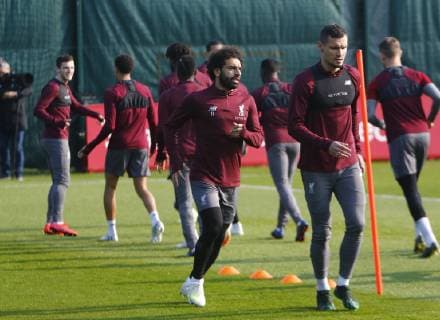 8th April 2019, Melwood, Liverpool, England; Liverpool training session ahead of their Champions League fixture against FC Porto; Mohamed Salah and Dejan Lovren during Liverpool s open training session at Melwood ahead of tomorrow night s Champions League quarter final first leg versus FC Porto  ActionPlus12122201 AlanxMartin