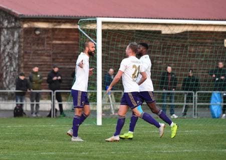 Soccer Men Season 2018 2019 Semifinals at the Berlin AOK Landespokal VSG Altglenicke Tennis Borussia v l Enes Aydin TeBe Tennis Borussia Nils Göwecke TeBe Tennis Borussia Bekai Jagne TeBe Tennis Borussia Jubilation after goal 1 2 09 04 2019 Copyright: xMatthiasxKochx
