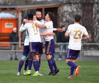 Soccer Men Season 2018 2019 Semifinals at the Berlin AOK Landespokal VSG Altglenicke Tennis Borussia v l Nils Göwecke TeBe Tennis Borussia Bekai Jagne TeBe Tennis Borussia Enes Aydin TeBe Tennis Borussia Jubilation after goal 1 2 09 04 2019 Copyright: xMatthiasxKochx