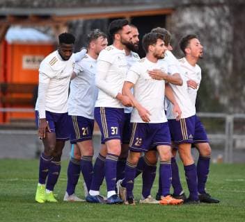 Soccer Men Season 2018 2019 Semifinals at the Berlin AOK Landespokal VSG Altglenicke Tennis Borussia v l Bekai Jagne TeBe Tennis Borussia Nils Göwecke TeBe Tennis Borussia Sefa Kahraman TeBe Tennis Borussia Enes Aydin TeBe Tennis Borussia Nico Matt TeBe Tennis Borussia Jubilation after goal 1 2 09 04 2019 Copyright: xMatthiasxKochx