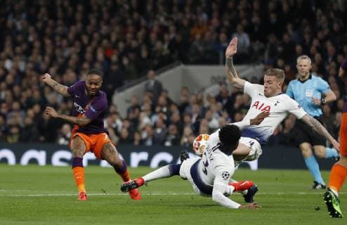 Raheem Sterling of Manchester City has a shot blocked by Danny Rose of Tottenham during the UEFA Champions League match at the Tottenham Hotspur Stadium, London. Picture date: 9th April 2019. Picture credit should read: Darren Staples Sportimage EDITORIAL USE ONLY. No use with unauthorised audio, video, data, fixture lists, club league logos or live services. Online in-match use limited to 120 images, no video emulation. No use in betting, games or single club league player publications. SPI-0025-0023