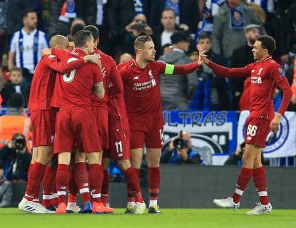 9th April 2019, Anfield, Liverpool, England; UEFA Champions League football, quarter final 1st leg, Liverpool versus FC Porto; Naby Keita of Liverpool celebrates with his team mates after scoring the opening goal of the match after 3 minutes  ActionPlus12122319 DavidxBlunsden