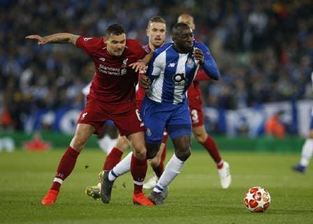 Moussa Marega FC Porto brought down by Dejan Lovren of Liverpool during the UEFA Champions League match at Anfield, Liverpool. Picture date: 9th April 2019. Picture credit should read: Andrew Yates Sportimage EDITORIAL USE ONLY. No use with unauthorised audio, video, data, fixture lists, club league logos or live services. Online in-match use limited to 120 images, no video emulation. No use in betting, games or single club league player publications. SPI-0024-0022