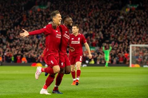 Liverpool England 09 04 2019 UEFA Champions League 2018 19 Season Round of 8 Quarter Finals Liverpool FC vs FC Port Goal to 1 0 Scorer Naby Keita LFC cheers with Roberto Firmino LFC DeFodi053