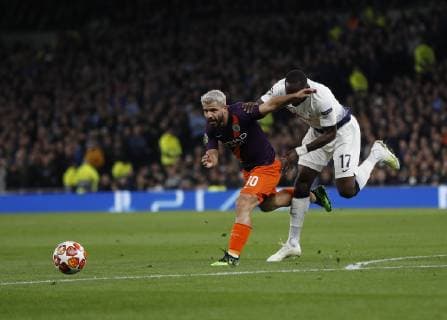 Moussa Sissoko of Tottenham tackles Sergio Aguero of Manchester City during the UEFA Champions League match at the Tottenham Hotspur Stadium, London. Picture date: 9th April 2019. Picture credit should read: Darren Staples Sportimage EDITORIAL USE ONLY. No use with unauthorised audio, video, data, fixture lists, club league logos or live services. Online in-match use limited to 120 images, no video emulation. No use in betting, games or single club league player publications. SPI-0025-0029