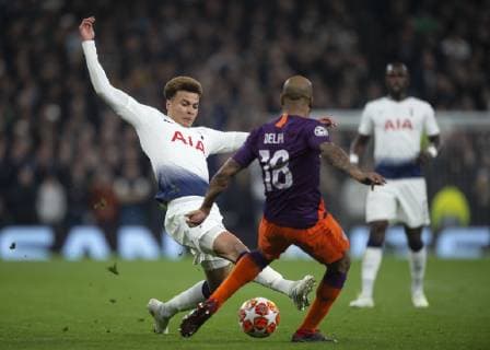 London United Kingdom 09 04 2019 UEFA Champions League 2018 19 Season Quarterfinals 1 Round Tottenham Hotspur Manchester City Dele Alli Tottenham and Fabian Delph Manchester City battle for the ball DeFodi056