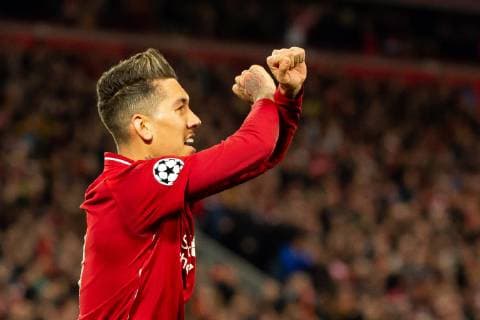 Liverpool England 09 04 2019 UEFA Champions League 2018 19 Season Round of 8 Quarter Finals Liverpool FC vs. FC Port Goal to 2 0 Scorers Roberto Firmino LFC cheers DeFodi053